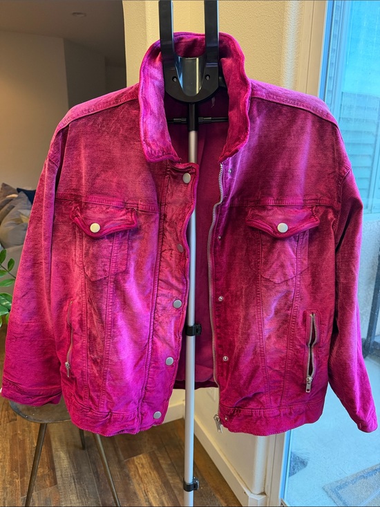Free People Jackets & Blazers - Free People Velvet Trucker Jacket Fuchsia Pink M/L Boho-Chic 90s Grunge Revival